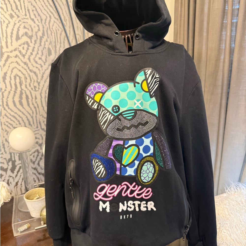 GENTLE MONSTER Black Hoodie with Colorful Bear Design
